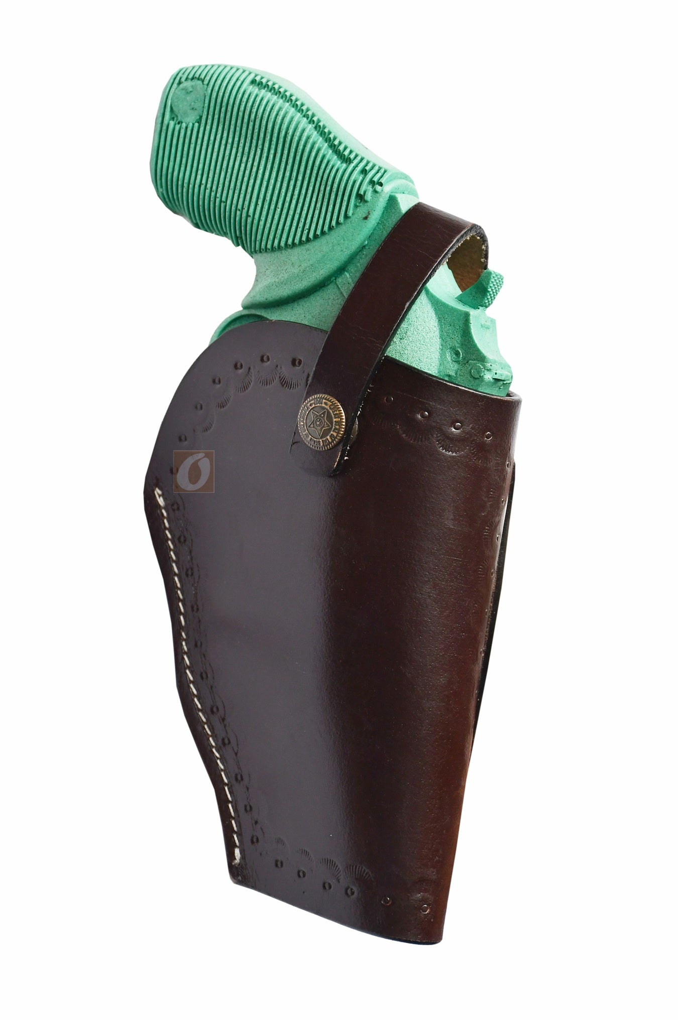 Right-handed black shell tooled OWB leather holster for Taurus Judge 45/410 Public Defender Poly revolvers – handmade Western 3-way carry design, back angle.