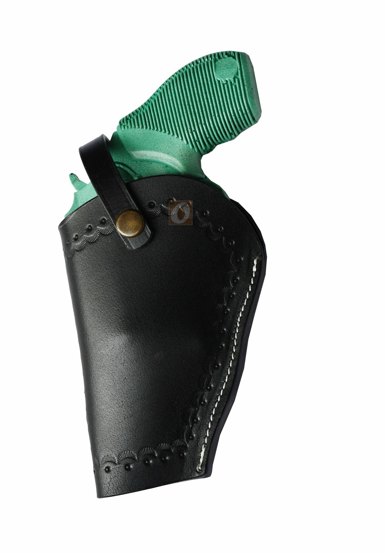 Left-handed black shell tooled OWB leather holster for Taurus Judge 45/410 Public Defender Poly revolvers – handmade Western 3-way carry design, front view.