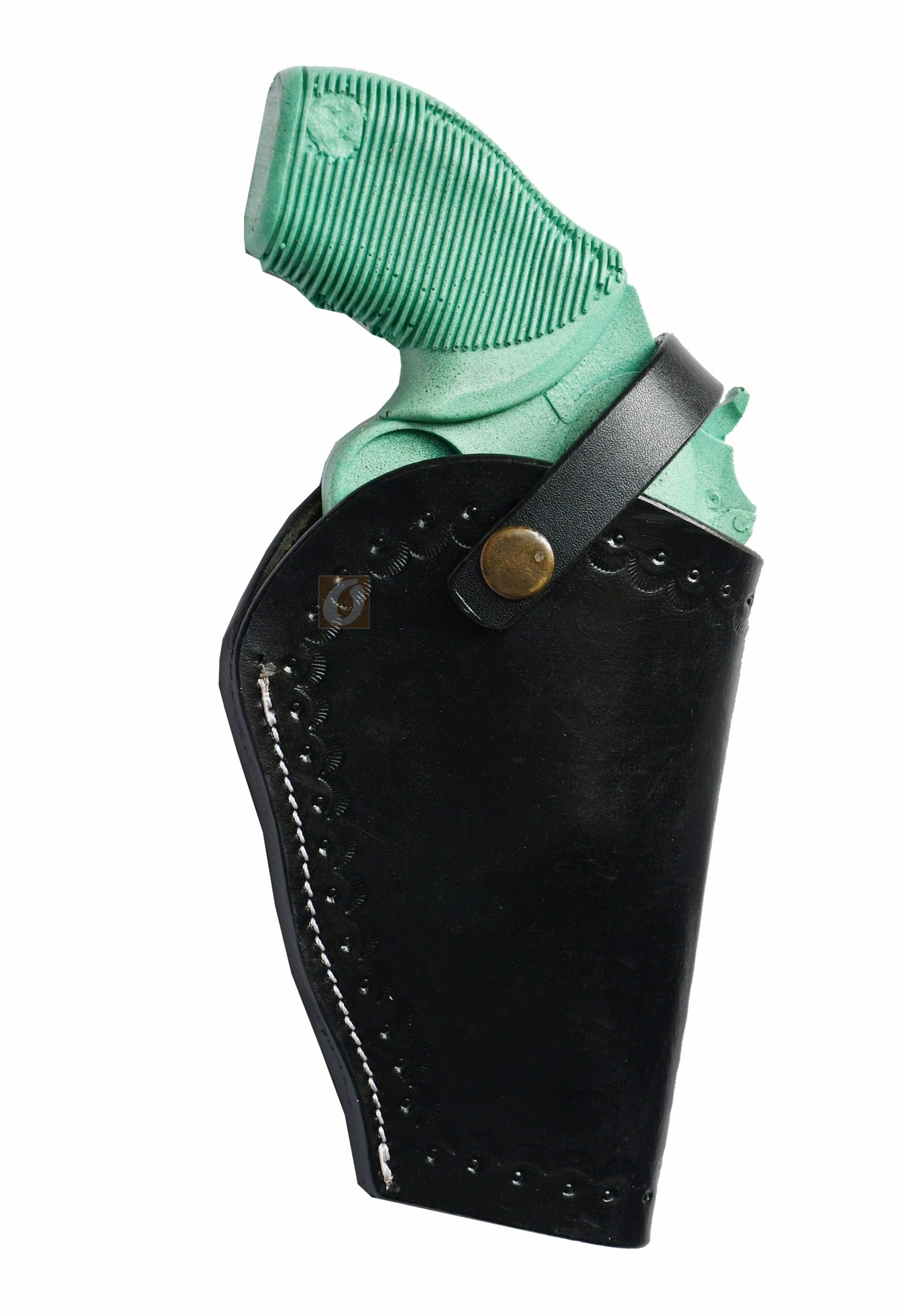 Right-handed black shell tooled OWB leather holster for Taurus Judge 45/410 Public Defender Poly revolvers – handmade Western 3-way carry design, front view.