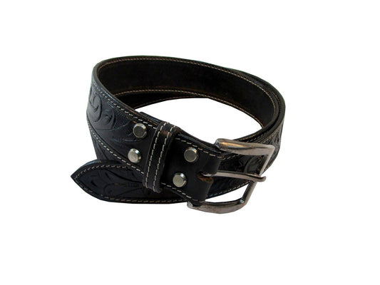 Front view of black floral tooled leather belt with white stitching, ideal as a western belt or cowboy belt, offering a stylish and durable design for men and women