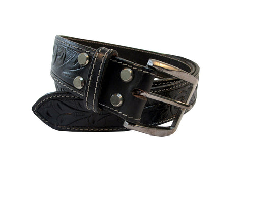 Side view of black floral tooled leather belt with white stitching, perfect for a cowboy belt or western belt look, combining intricate floral tooling with a classic, rugged design.