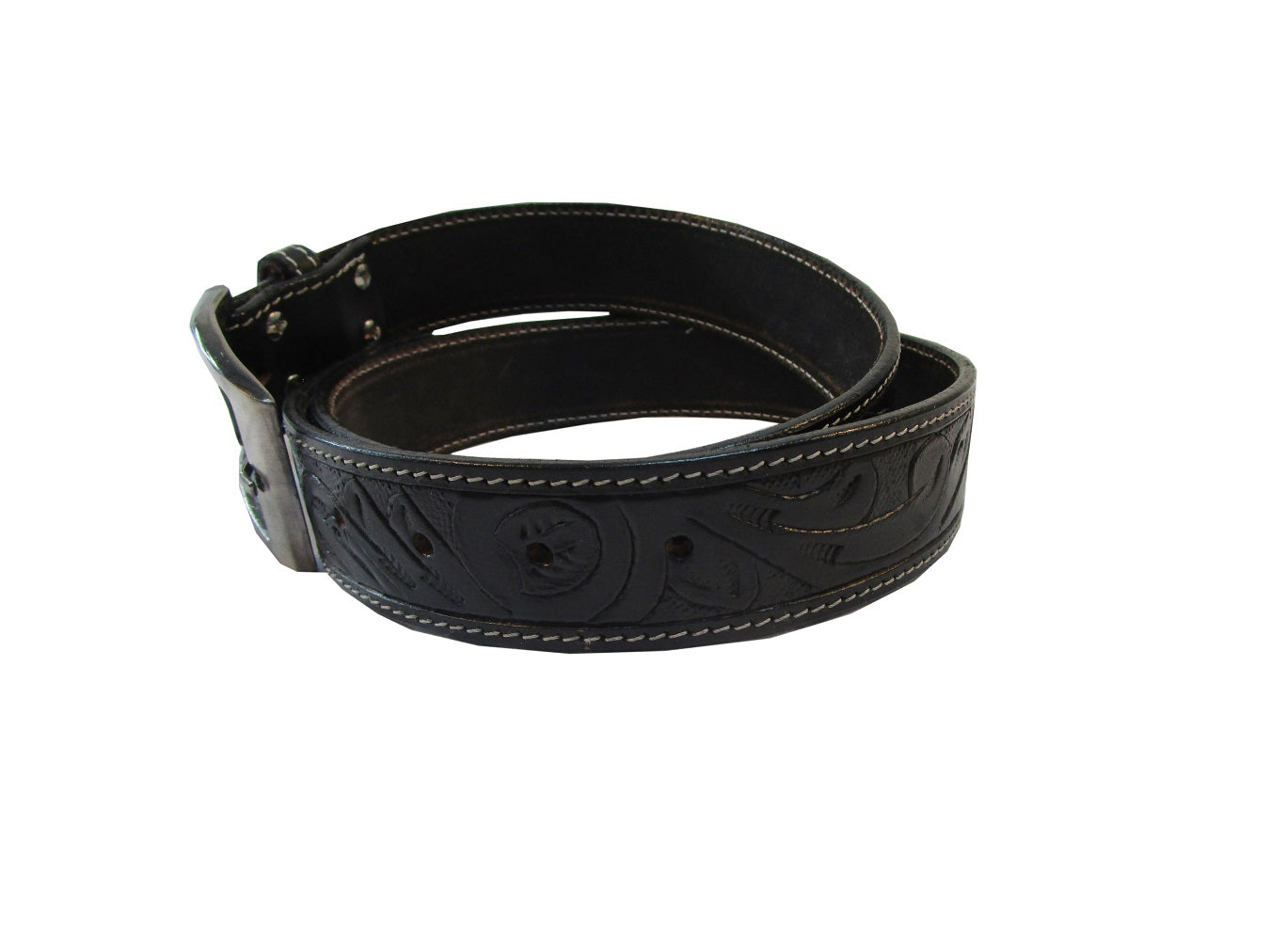 Angled view of black floral tooled leather belt with white stitching, ideal for both western belt and cowboy belt styles, offering a timeless design with a bold floral pattern.