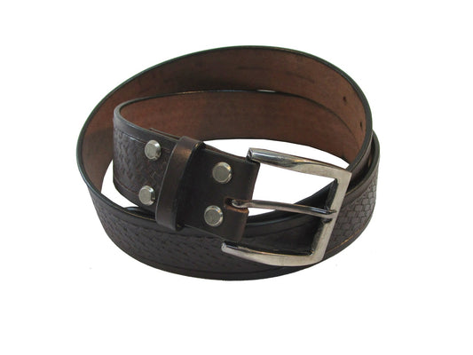 Front view of basket weave brown leather belt, ideal as a western belt or cowboy belt, offering a durable and stylish design for men and women, perfect for casual or outdoor wear.