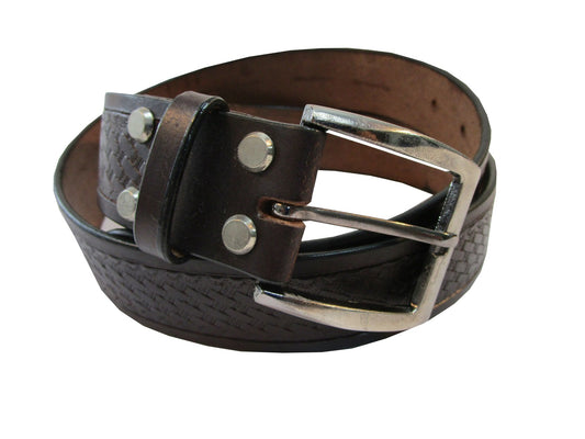 Side view of basket weave brown leather belt, featuring intricate weaving, ideal for cowboy belt or western belt use, perfect for both casual and rugged outdoor styles.