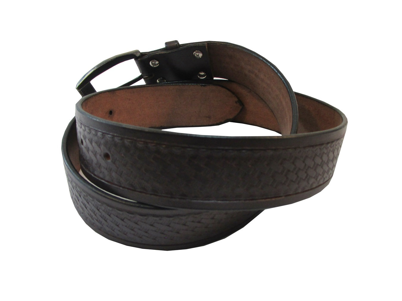 Angled view of basket weave brown leather belt, designed as a western belt or cowboy belt, offering a classic, durable leather style for men and women.