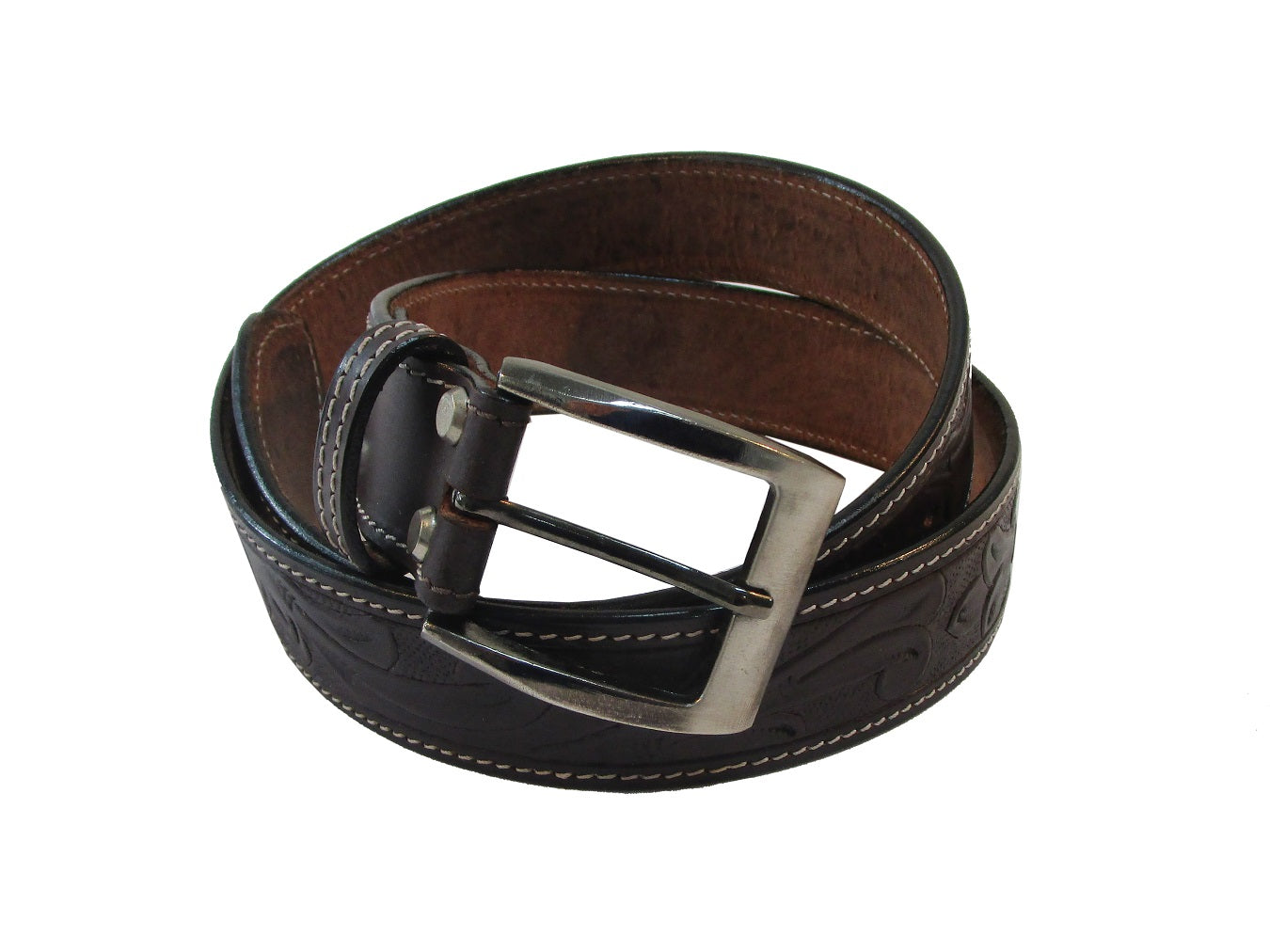 floral tooled brown leather belt with white stitching, perfect for men and women, offering a stylish unisex belt for casual, work, or formal wear