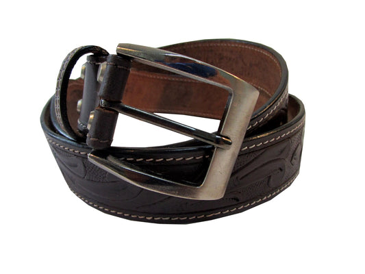 Side view of floral tooled brown leather belt with white stitching, ideal for unisex casual, work, or tactical belt use, featuring a unique floral pattern and durable white stitching