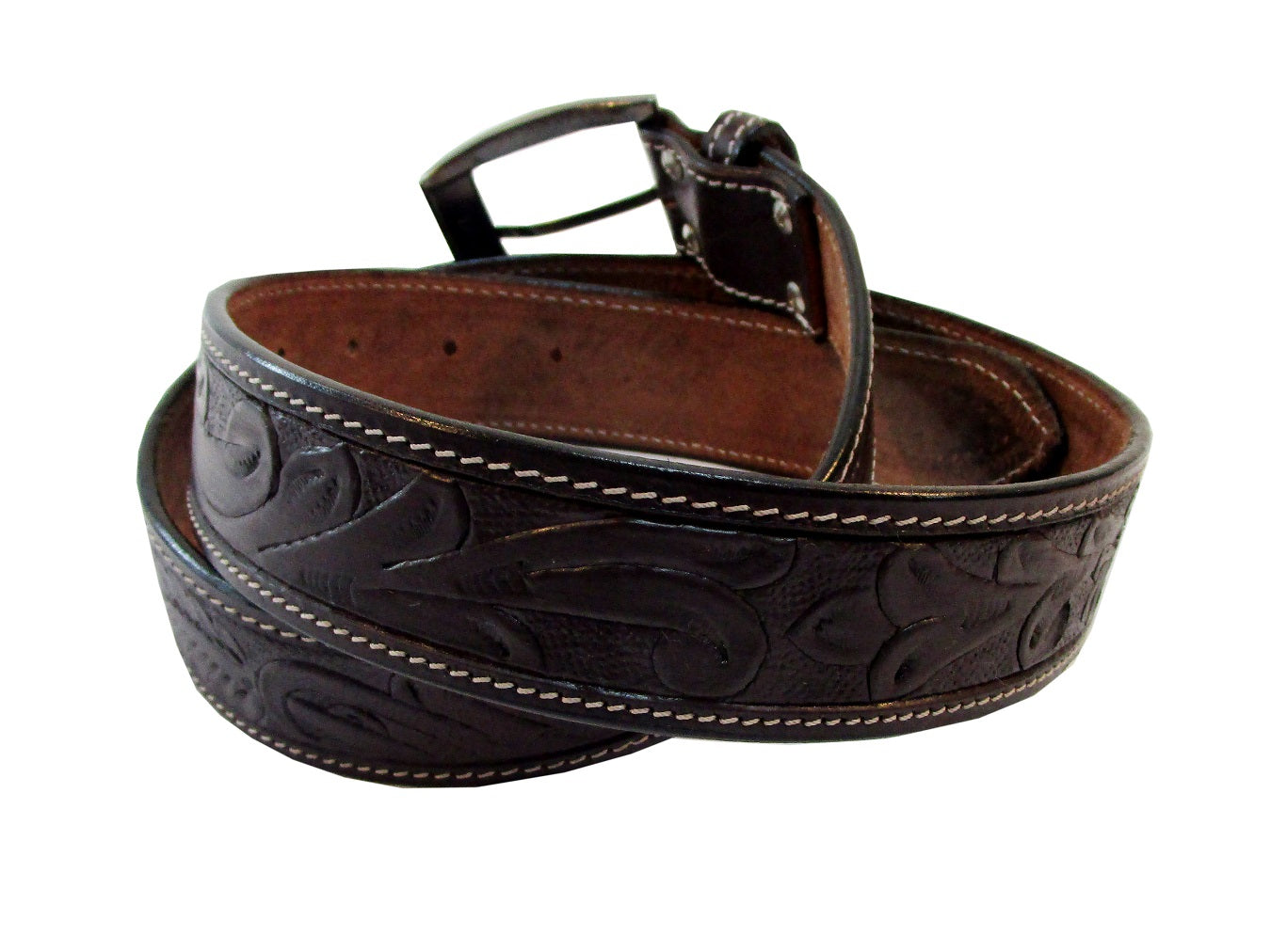 Side view of floral tooled brown leather belt with white stitching, ideal western show , cowboy belt, western belts, featuring a unique floral pattern and durable white stitching
