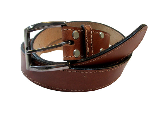 Side view of plain light brown tan leather belt, designed for unisex use, perfect as a casual belt, work belt, or everyday accessory.
