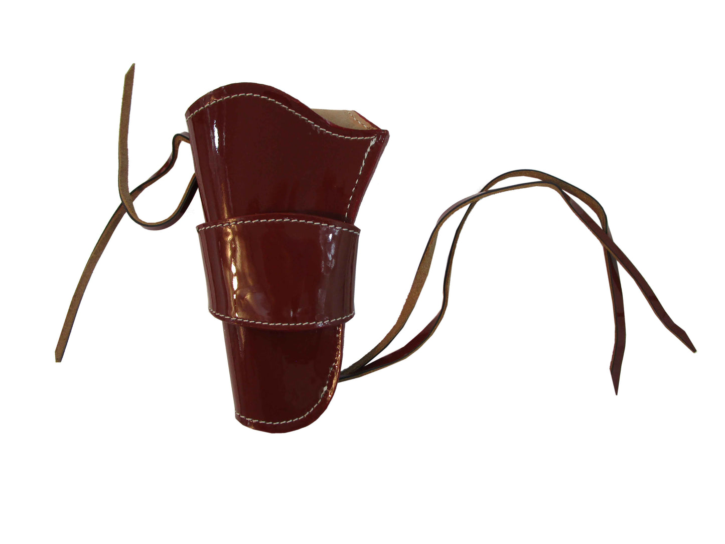 Left hand glossy red leather holster, designed for revolvers and 1911 pistols. Smooth, glossy leather ensures a secure, stylish, and comfortable fit.
