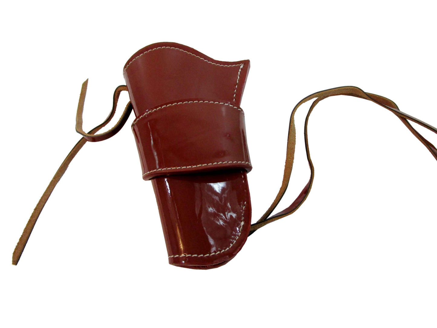 Stylish left hand red leather holster with glossy finish, ideal for 1911 and revolver pistols. Offers sleek design, comfort, and secure hold for everyday carry.