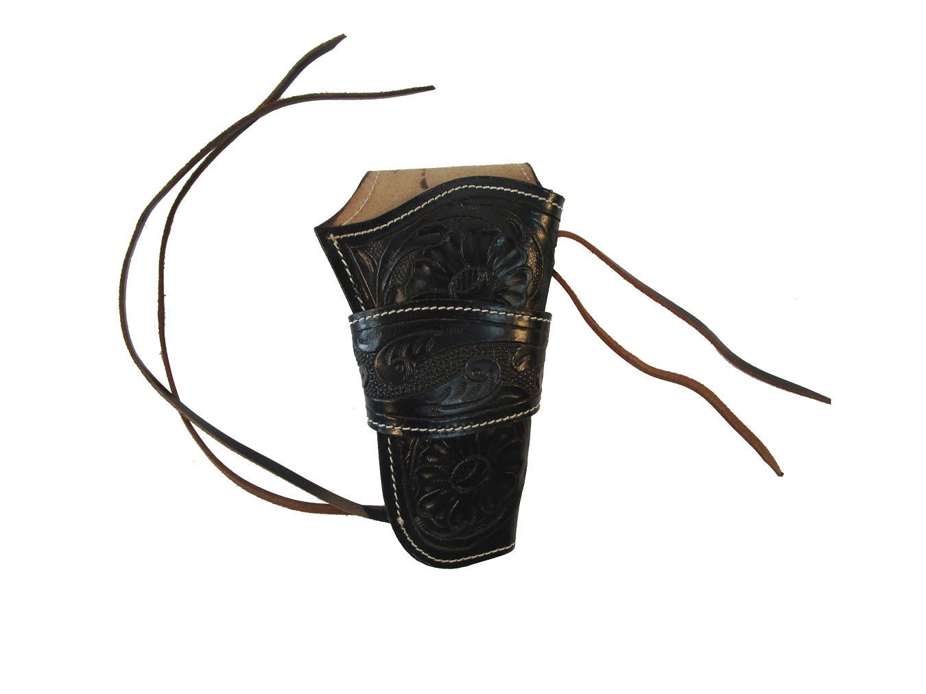 Right hand black leather holster with floral tooling, ideal for revolvers and 1911 pistols. Unique floral pattern adds elegance while ensuring durability and comfort.