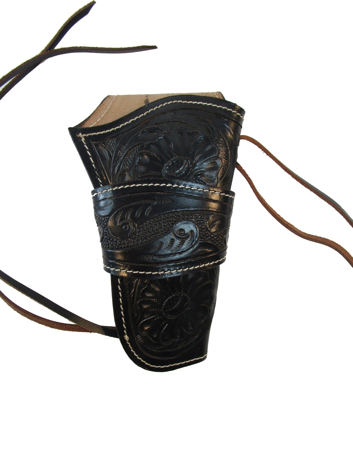 Right hand black floral tooled leather holster, designed for revolvers and 1911 pistols. Features intricate floral detailing for a stylish, secure, and comfortable fit.
