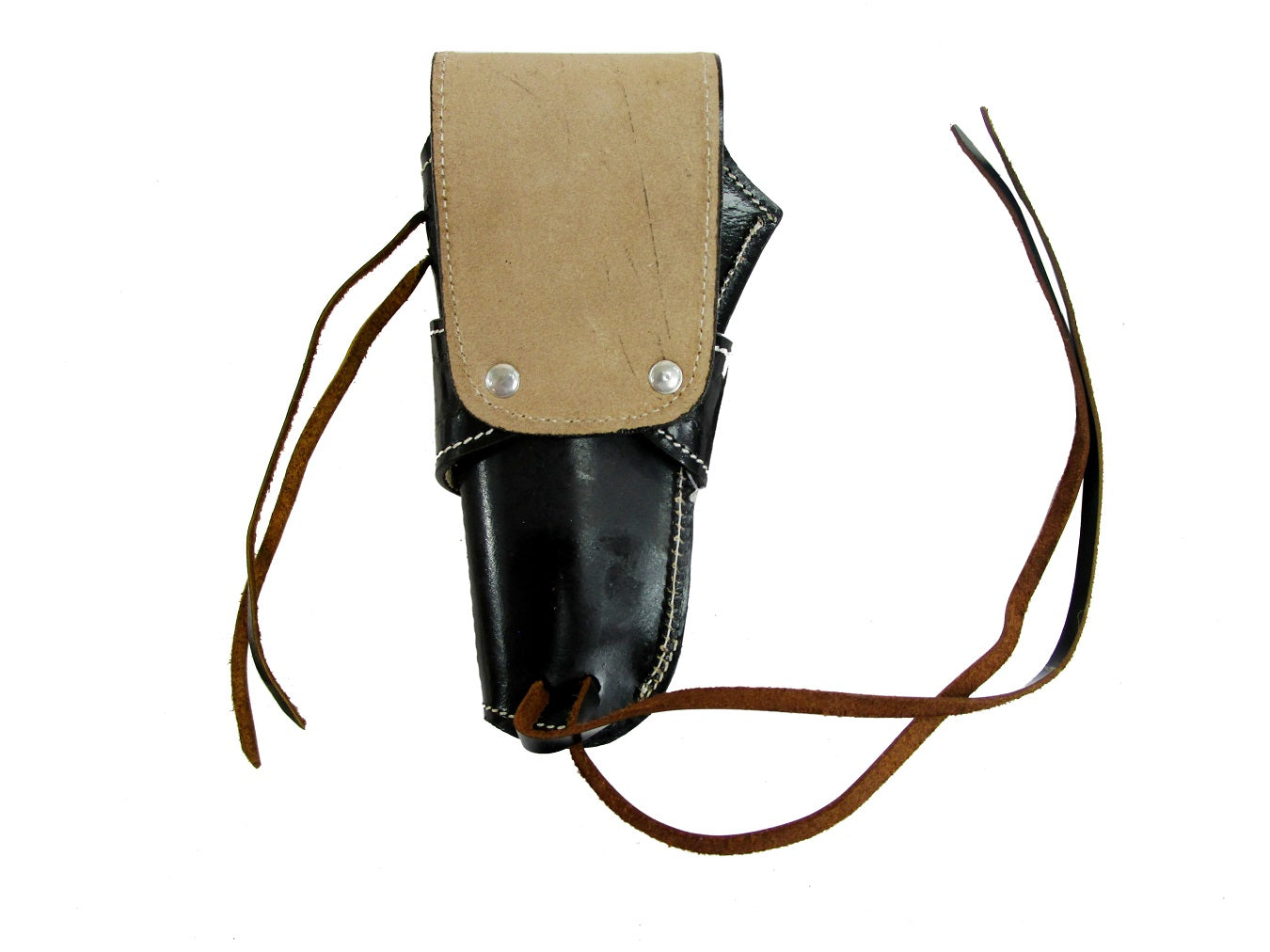 back view of leather holsters for 1911 and six shooter gun.