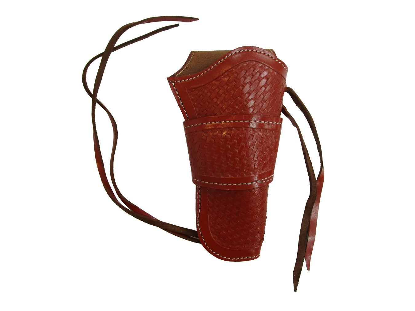 Red leather holster with intricate basket weave tooling – premium holster for 1911 and revolvers, designed for secure and stylish firearm carry.