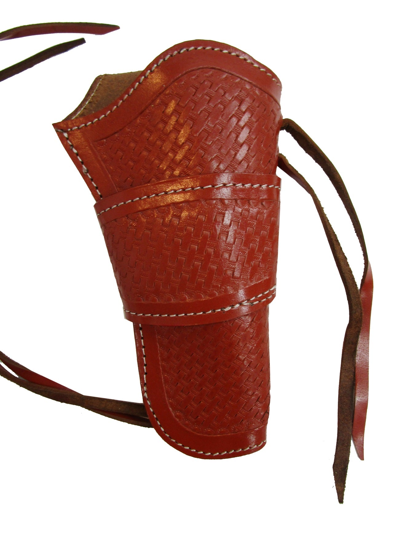 Basket weave tooled red leather holster – handcrafted holster for revolvers and 1911 pistols, offering durability and classic style.