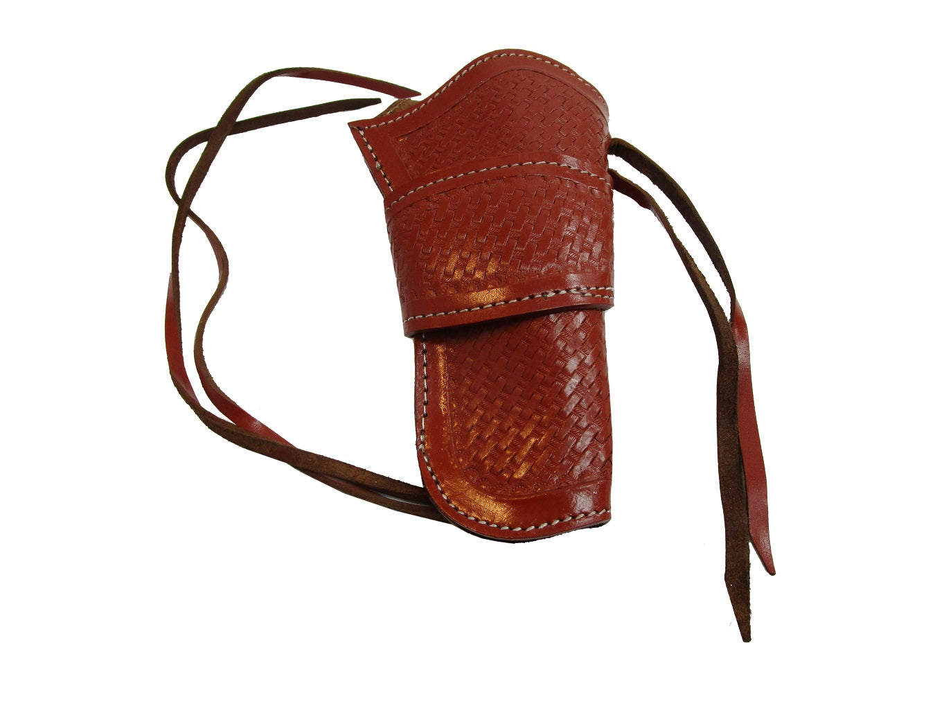 Hand-tooled basket weave design red leather holster – a high-quality leather holster for revolvers and 1911 handguns, combining craftsmanship with function.