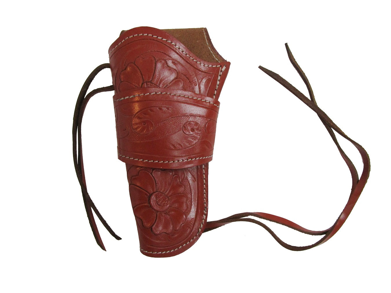 Left-handed red leather holster with floral tooling – handcrafted holster for revolvers and 1911 pistols, offering both style and functionality.