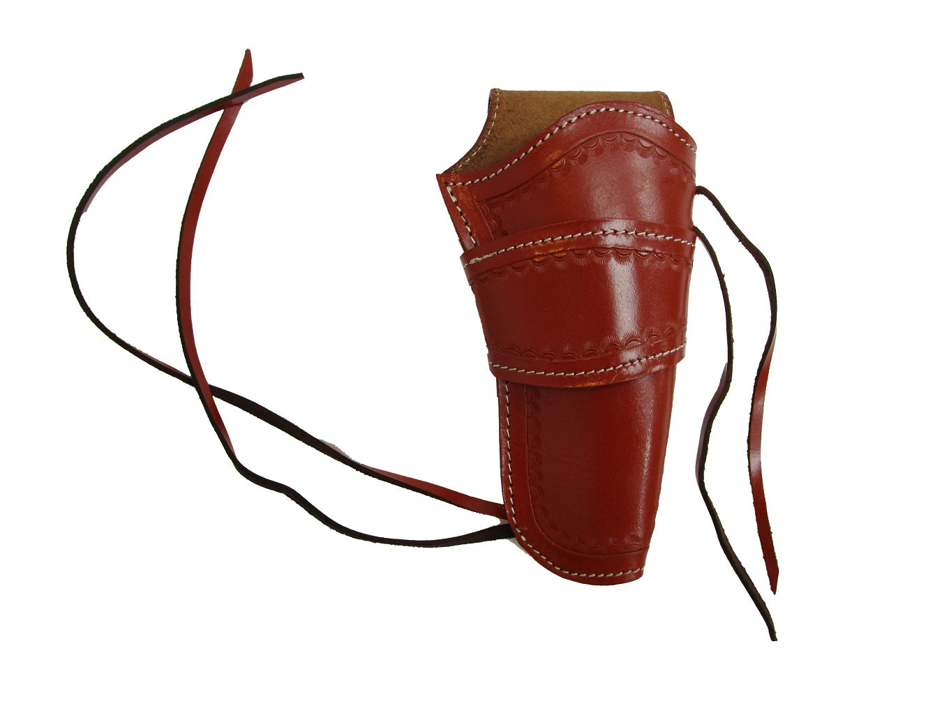Hand-tooled leather holster in deep red with intricate sea shell design – perfect holster for 1911 and revolvers, combining elegance with function.