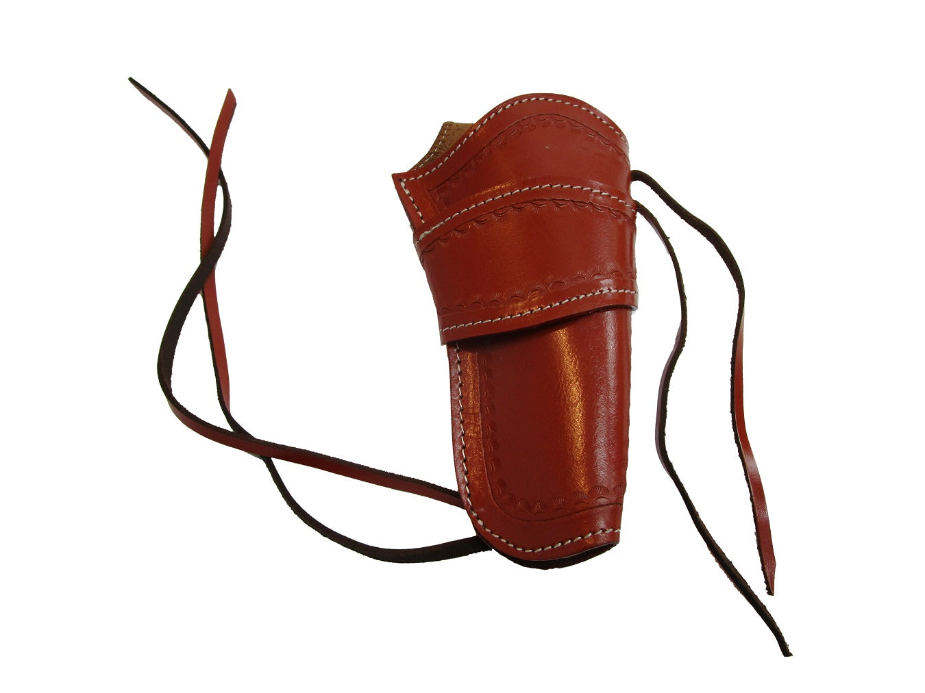 Custom red leather holster with detailed sea shell tooling – a stylish and durable holster for revolvers and 1911 handguns.