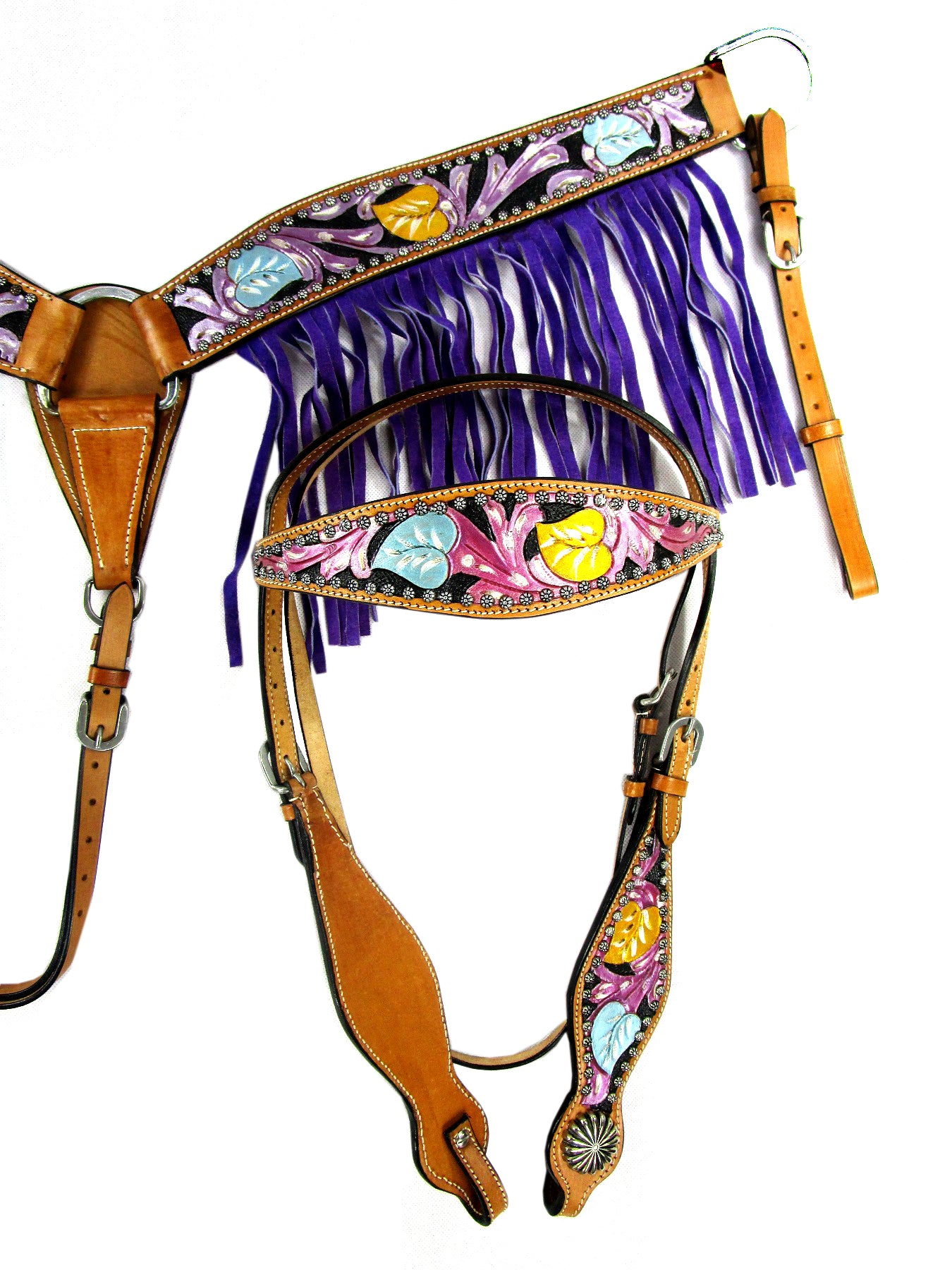 Purple Fringe Show Tooled Trail Western Headstall Breast Collar Set