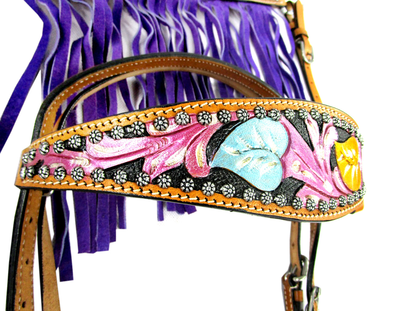 Purple Fringe Show Tooled Trail Western Headstall Breast Collar Set