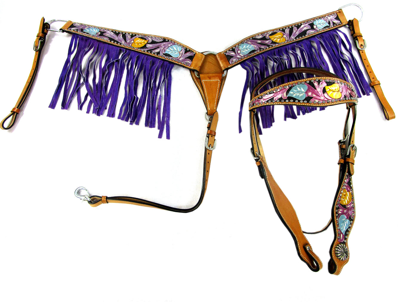 Purple Fringe Show Tooled Trail Western Headstall Breast Collar Set