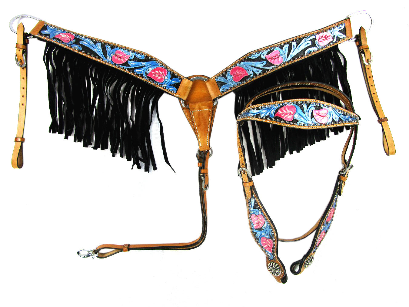 Western Headstall Breast Collar Set Black Fringe Show Trail Tooled