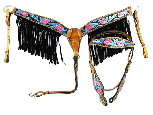 Conjunto de collar de pecho Western Headstall con flecos negros Show Trail con herramientas