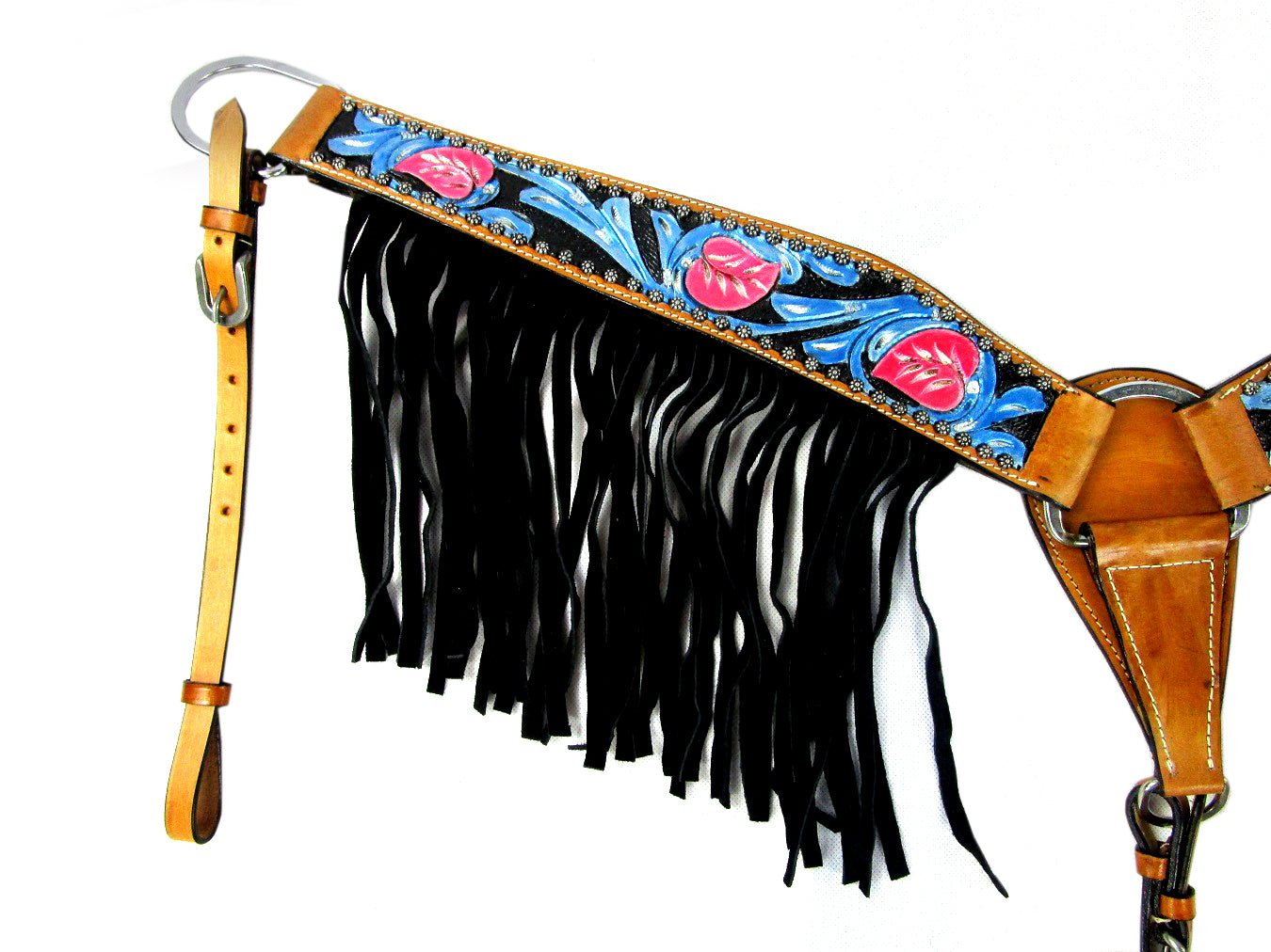 Western Headstall Breast Collar Set Black Fringe Show Trail Tooled