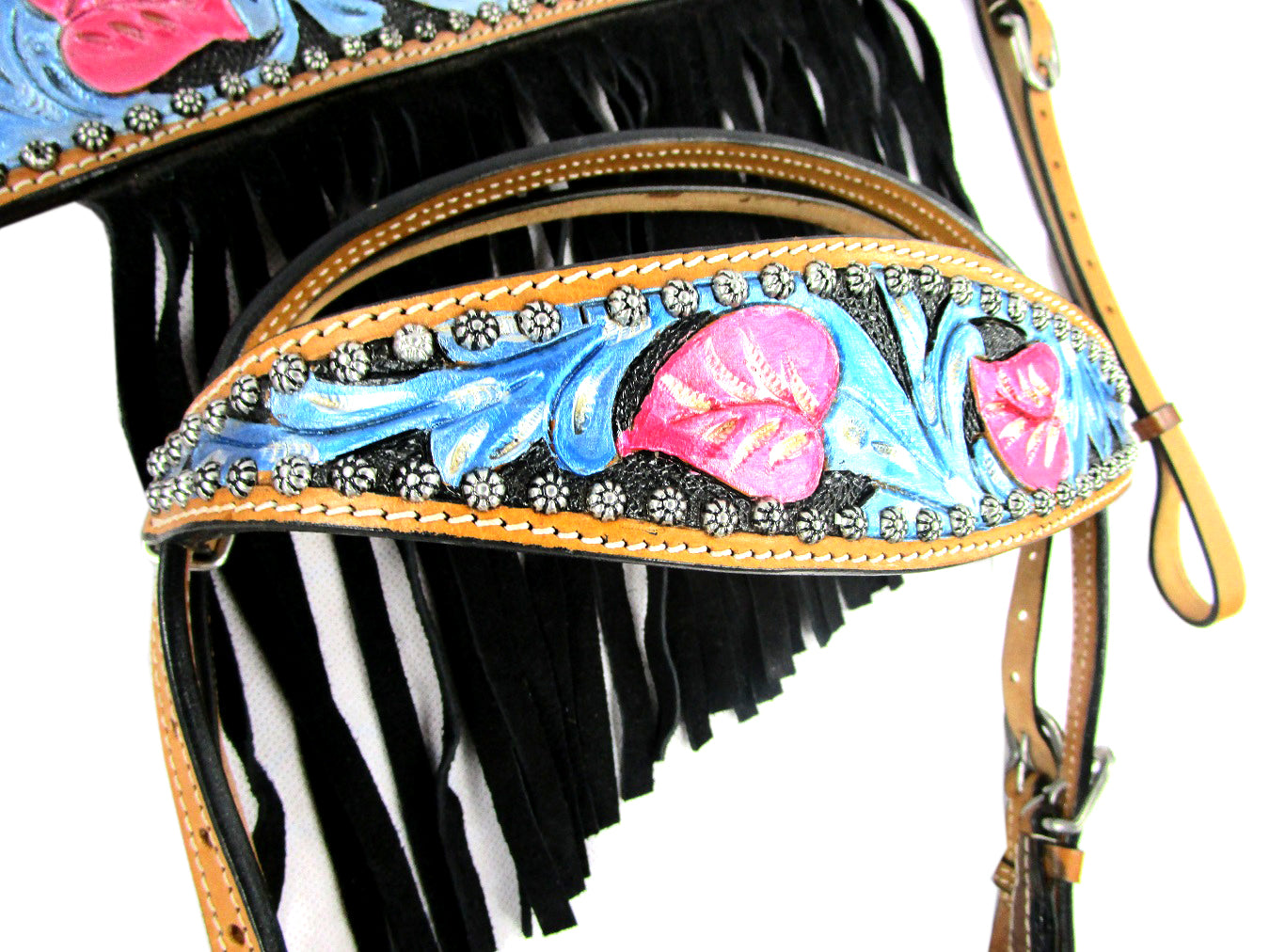 Western Headstall Breast Collar Set Black Fringe Show Trail Tooled
