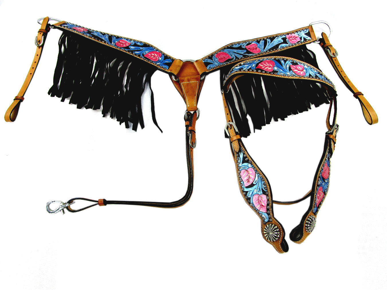 Western Headstall Breast Collar Set Black Fringe Show Trail Tooled