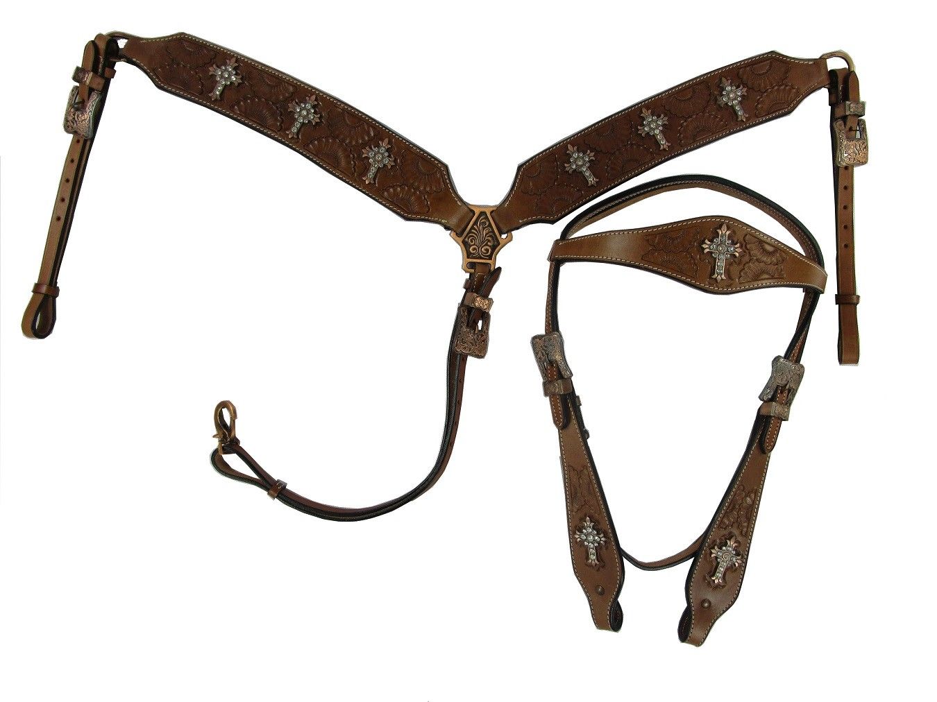 Western Headstall Breast Collar Set Copper Cross Studded Trail Barrel