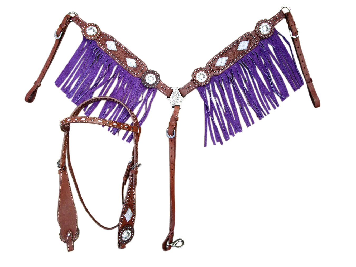 Western Headstall Breast Collar Set Purple Fringe Horse Leather