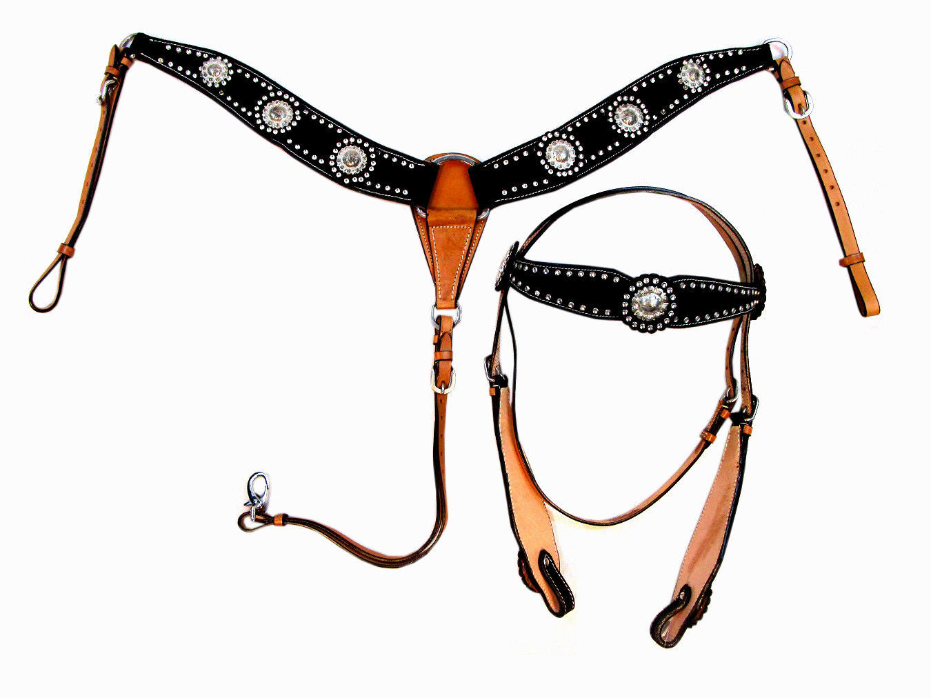 Show Event Trail Black Western Headstall Breast Collar Set