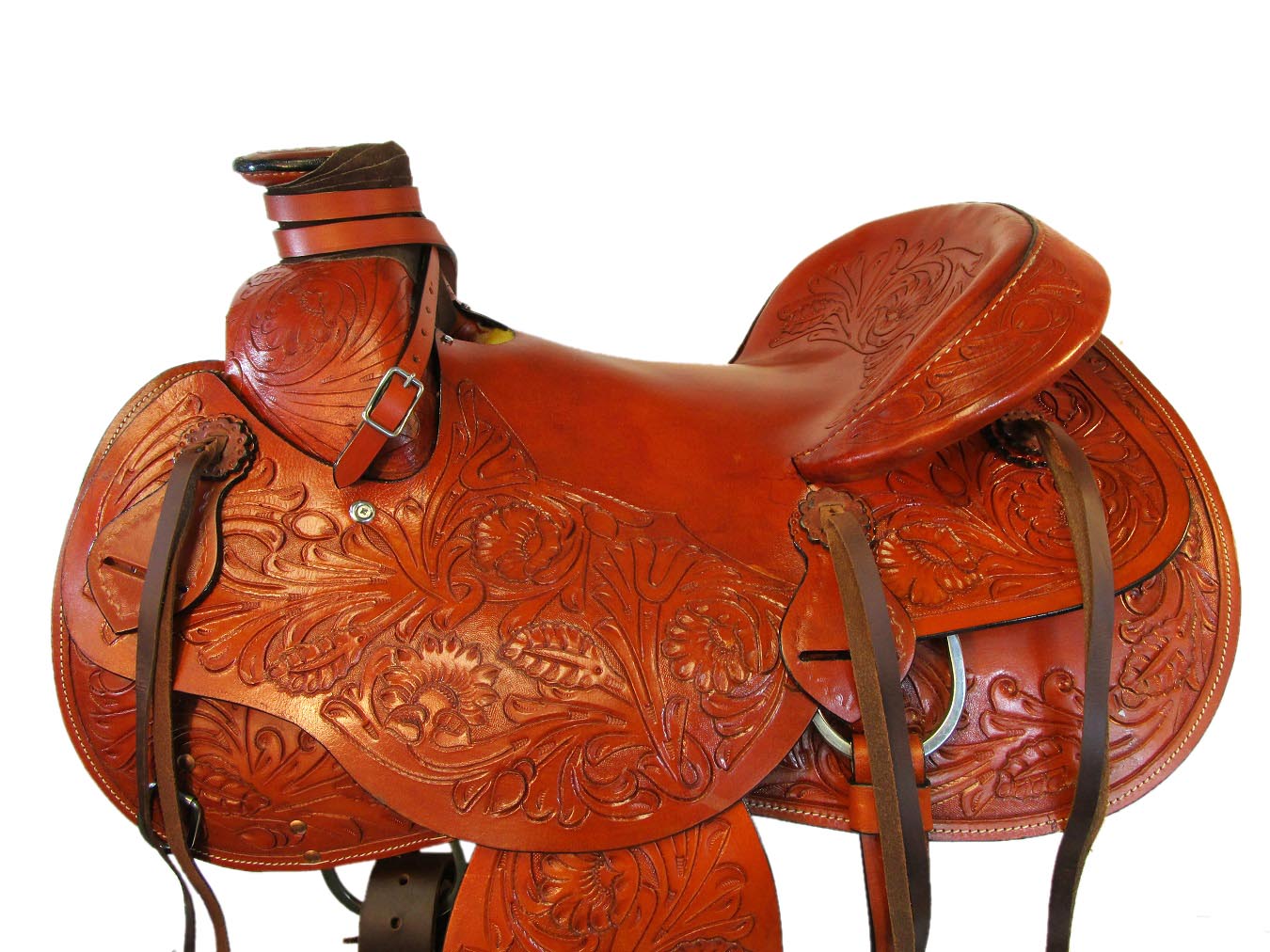 16 Fully tooled Buffalo roper style saddle with suede leather seat
