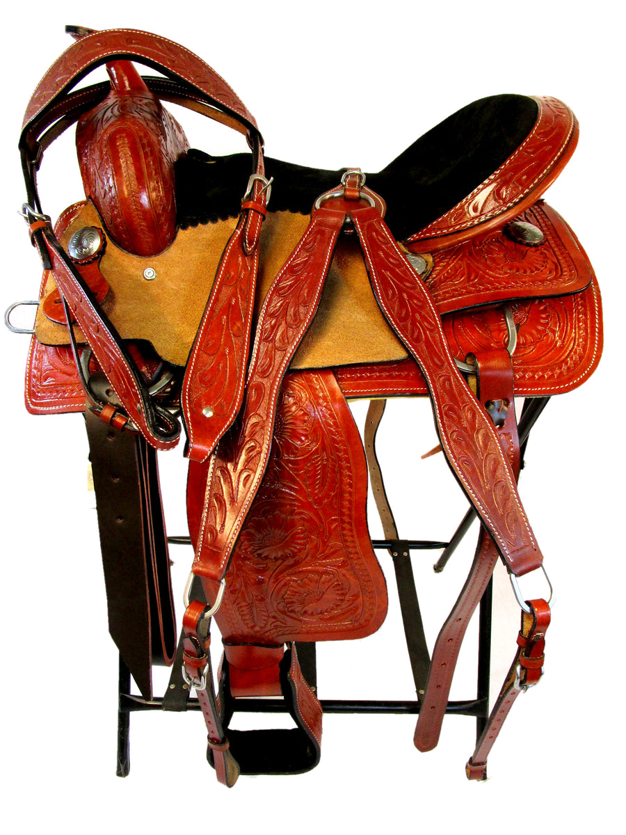 Trail Western Saddle Tooled Leather Barrel Racing Horse Tack 15 16