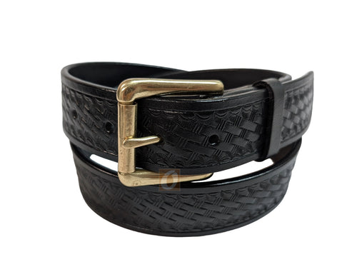 Front view of black leather basket weave tooled belt for men, ideal as a tactical belt, work belt, or casual belt, offering durability and style.
