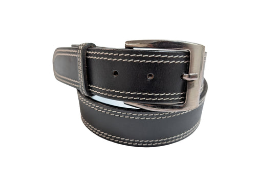 Front view of black leather belt with double white stitching, perfect for men’s casual belt, work belt, or tactical belt, offering a sleek and durable design