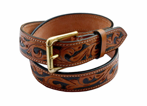 Hand-tooled leather belt with floral design and black inlay, perfect for men's and women's casual and workwear. This stylish cowboy belt adds a rugged yet refined touch to jeans and everyday outfits.