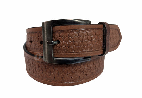 Front view of light brown tan pinwheel tooled leather belt for men, ideal as a work belt, tactical belt, or casual belt, featuring a unique pinwheel design. Front view of light brown tan pinwheel tooled leather belt for men, ideal as a work belt, tactical belt, or casual belt, featuring a unique pinwheel design