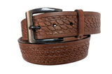 A brown leather belt with a basket weave pattern and a metal buckle.