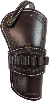 brown leather holster for revolver with ammo holder brown color barbed tooled close view
