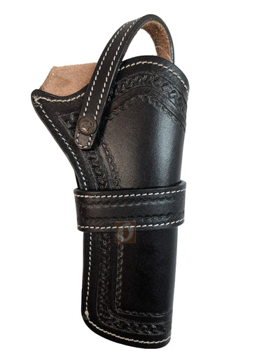 Black leather revolver holster with intricate pinwheel tooling, offering a stylish western design, available for both right and left-handed users.