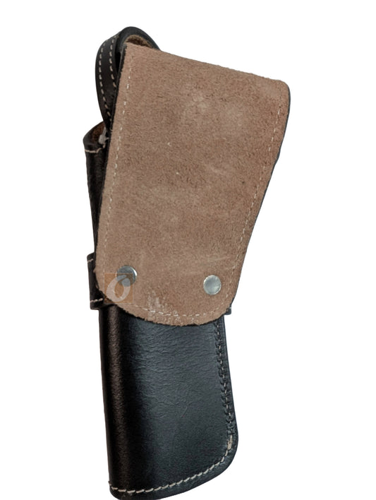 Premium black leather holster with unique pinwheel tooling, ideal for revolvers and available in right or left-handed options for western carry.