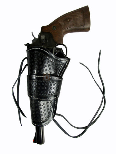Black leather holster designed to fit revolvers, featuring a sleek design for both right and left-handed users.