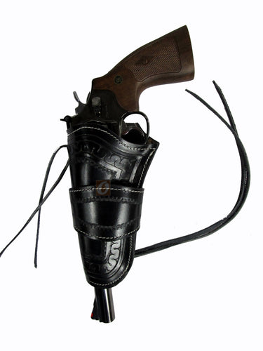 Black leather holster with intricate snake tooling, designed for revolvers and 1911 pistols. Unique design adds a bold, stylish touch while providing a secure, comfortable fit. Left handed holsters