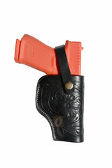 Premium black leather Glock holster, right handed, with intricate floral tooling design for concealed carry and everyday use