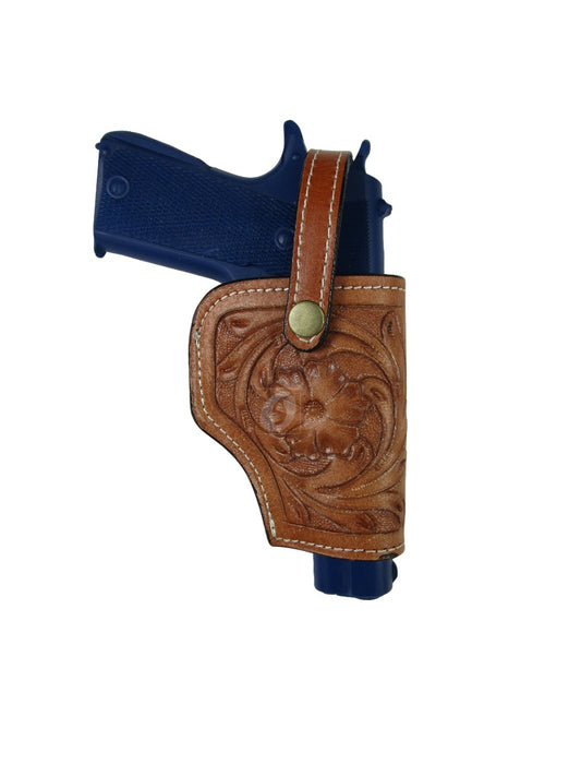leather holster for 1911 tan color right hand floral tooled front view