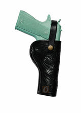 Black floral tooled leather holster for 1911, handcrafted for durability. This OWB 1911 holster features a molded fit for secure retention, making it ideal for open or concealed carry.